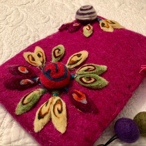 Wool Bag Handmade in Nepal 5”x8” Flower Embroidery - Picture 1 of 8